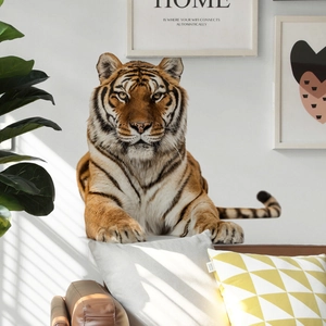 Realistic 3D tiger wall sticker above a brown leather sofa in a modern living room