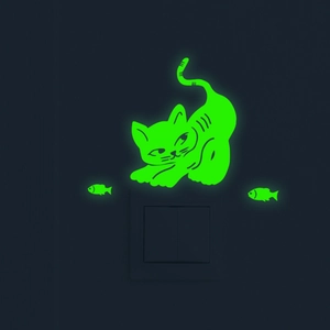 Luminous green cat and fish glow in the dark stickers for home light switch decor