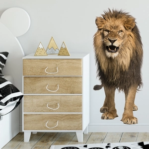 Detailed view of a large roaring lion wall sticker in a minimalist bedroom setting