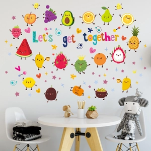 Cartoon Fruit Wall Stickers For Kids Room Kitchen Decorative PVC Self Adhesive Wall Decals With Lets Get Together Slogan Home Decor