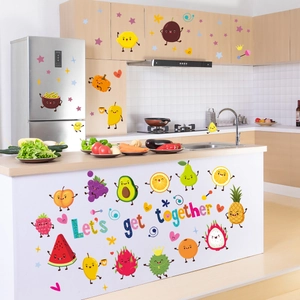 Kitchen wall stickers featuring cartoon fruit characters and Let's Get Together text