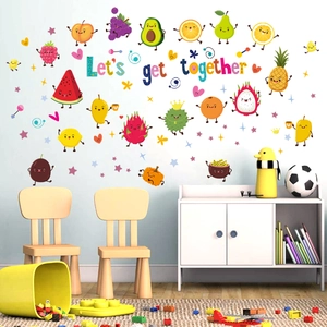 Cartoon fruit party wall stickers with motivational rainbow slogan for kids' room decor