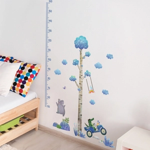 Cartoon forest animals height chart wall decal showing watercolor tree and blue car