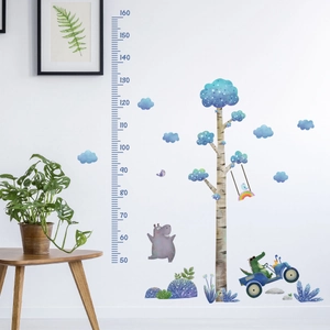 Kids height chart wall decal with cartoon animals, birch trees, and blue off-road vehicle