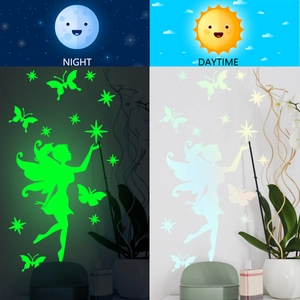 Luminous wall stickers set showing fairy and butterfly glow effect in dark and light