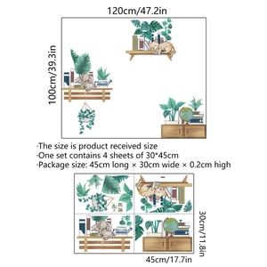 Details van afmetingen voor muursticker met cartoon kat, olifant en tropische planten
