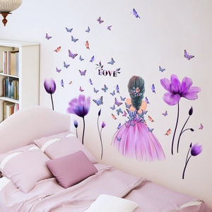 Lila Mädchen Schmetterling Tulpe Wandtattoo PVC Selbstklebend Abnehmbare Aufkleber Für Schlafzimmer Kinderzimmer Deko