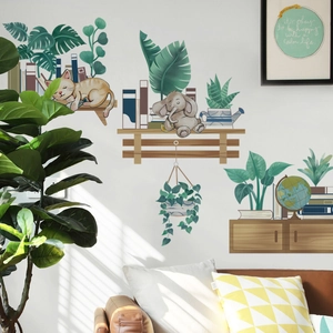 Muurstickers met cartoon katten, olifanten en groene planten op houten planken