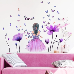 Aquarell Tulpenmädchen und lila Schmetterlinge Wandtattoo für Kinderzimmer Deko
