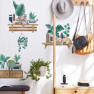 Muurstickers met cartoon olifant kat en planten voor decoratie van de huiskamer