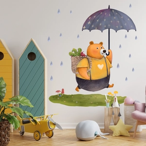 Adesivi murali orsetto con ombrello viola e arcobaleno per cameretta dei bambini