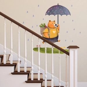 Adesivo murale con orsetto e ombrello per decorazione camera bimbi e soggiorno