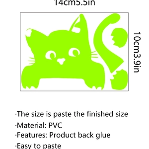 Luminous green PVC cat wall sticker for light switch decor, self-adhesive 14x10cm size