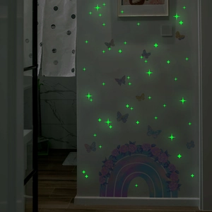 Glow-in-the-dark wall sticker set with fluorescent stars, colorful butterflies, and rainbow