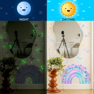 Glow in the dark rainbow and butterfly wall stickers in night and daytime settings