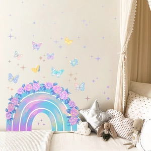 Luminous rainbow wall decal with watercolor butterflies and flowers for kids nursery