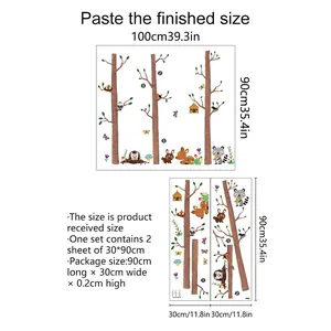 Detailed wall sticker size chart showing assembly dimensions of 100x90cm and forest animals