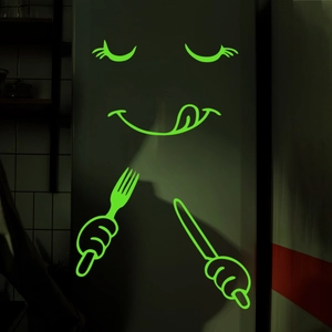 Luminous emoji fridge stickers with glowing face and cutlery design for kitchen decor