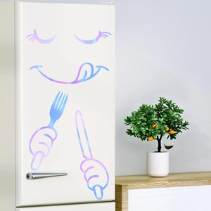 Luminous holographic emoji fridge stickers featuring cartoon faces on a white refrigerator