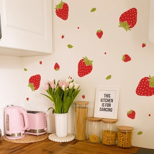 Fresh strawberry wall stickers with red fruit and green leaves for kitchen wall decor