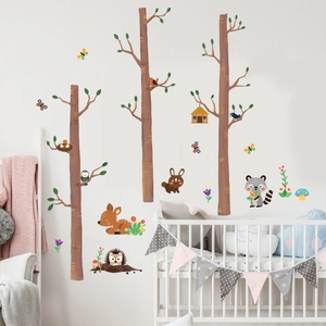 Forest animals and trees wall decals for kids room nursery with deer and rabbit decor