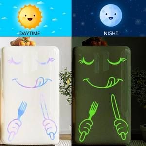 Luminous emoji fridge stickers with daytime holographic and nighttime green glow effects