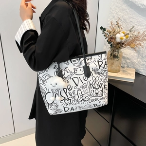 Graffiti canvas tote bag with white PU finish and plush cloud charm for women