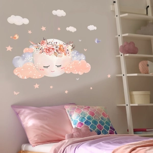 Cartoon Moon Cloud Star Wall Stickers PVC Watercolor Dreamy Nursery Kids Room Bedroom Decor Self-Adhesive Mural