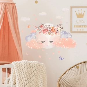 Cartoon moon clouds and flowers nursery wall decal for baby room dreamlike decor