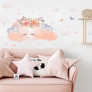 Cartoon moon and flower clouds wall stickers for kids bedroom cozy decor on white wall