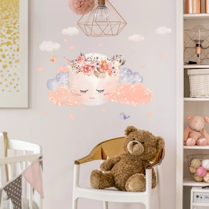 Detailed watercolor wall decals featuring moon, clouds and birds for nursery decoration