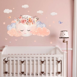 Cartoon moon and floral wall stickers for nursery decor in watercolor pink and purple