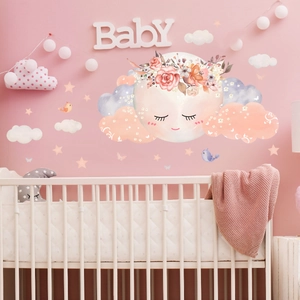 Cartoon moon and floral cloud wall stickers set for nursery and baby room decoration