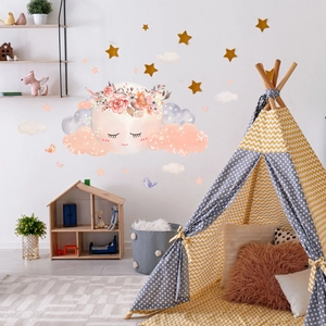 Detail of cartoon moon with flower crown and pink clouds nursery wall sticker decor