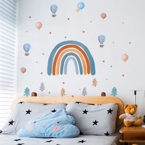 Cartoon rainbow and hot air balloon wall stickers for children's room in Morandi tones