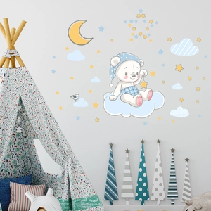 Glow-in-the-dark bear and stars wall stickers set for cozy nursery room decoration