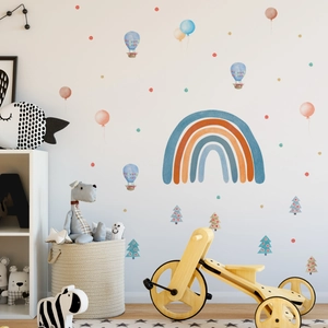 Rainbow and hot air balloon wall decals in Morandi colors for nursery and kids room decor