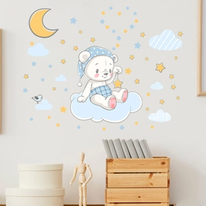 Detailed view of cartoon bear on cloud wall stickers with moon and stars for kids room