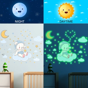 Luminous wall stickers featuring a cartoon bear, moon and stars in day and night contrast