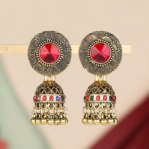 Vintage indische Jhumka Glockenohrringe mit roten Kristallen und bunten Strasssteinen
