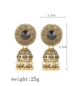 Detailansicht goldener Jhumka-Ohrringe mit schwarzen Steinen und Glockendesign