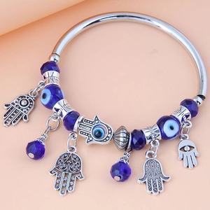 Bracciale Con Ciondoli Mano Di Fatima Malocchio Lega Perline Blu Amuleto Protezione Etnica Gioielli Per Donna