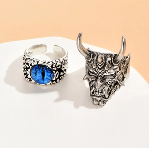 Retro demon eye and oni mask ring set in vintage silver finish with adjustable band
