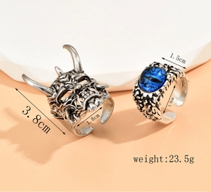 Detailed size chart for retro unicorn devil mask and blue evil eye adjustable rings