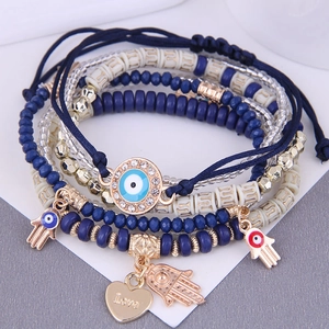 Bracelet Multicouche Bohème Alliage Perles Résine Mauvais Œil Main De Hamsa Breloques Cœur Bijoux Ethniques Élégants