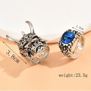 Retro bull demon mask and blue opal ring set for men in vintage silver finish
