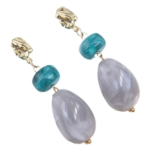 Elegant gold drop earrings with lake blue beads and greyish-purple resin pendants