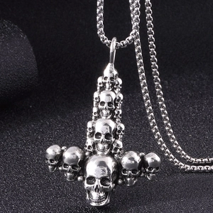 Retro Skull Cross Pendant Necklace Men Vintage Alloy Gothic Punk Style Mjolnir Design Box Chain