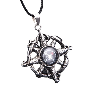 Retro compass pendant necklace for men with vintage silver finish and black woven cord