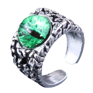 Retro adjustable silver-tone ring with green evil eye stone and lava texture finish